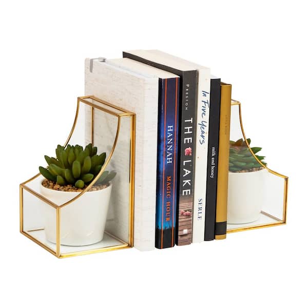 Gold Terrarium Bookends Decorative Book Holders with Storage Glass Metal Set of 2