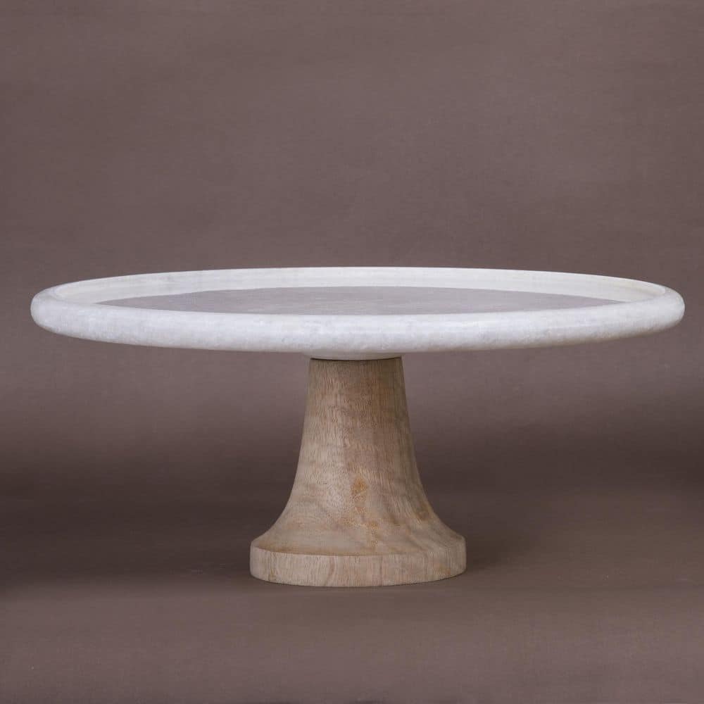 White Marble and Mango Wood Pedestal Cake Stand