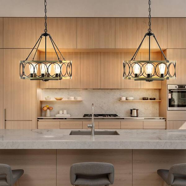 h　ジュン40個 YANSUN 6-Light Black and Gold Drum Chandelier, Dimmable Dining