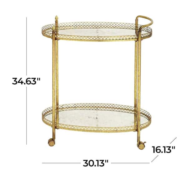 35 in. H Gold Rolling 2 Mirrored Shelves Bar Cart with Lockable Wheels