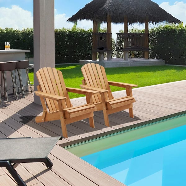Casafield Light Brown Wood Natural Wooden Folding Oversized Adirondack Chairs (Set of 2)