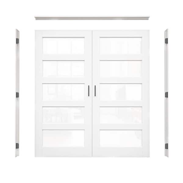 72 in. x 80 in. 5-Lite Clear Glass Universal White Solid Core Glass Double Prehung French Door+ Separate Jamb&Ball Catch