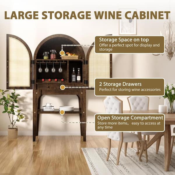 Brown Wood and Rattan Bar Cabinet, Arched Wine Storage Cabinet with 4-Row Glass Holders