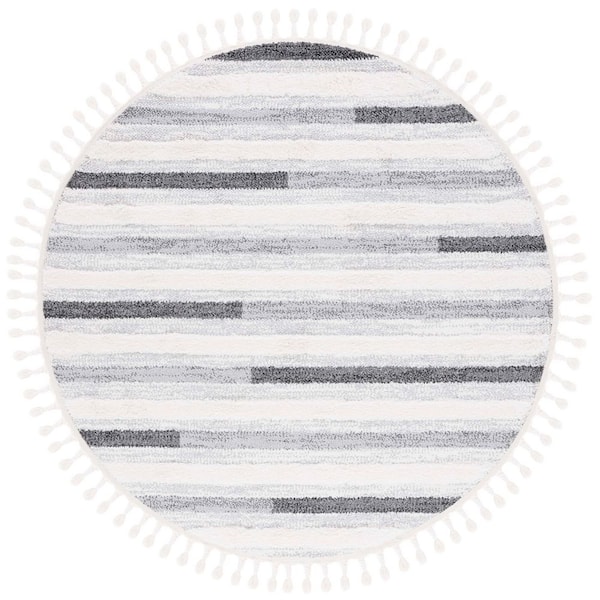Moroccan Tassel Shag 7 ft. x 7 ft. Ivory/Gray Striped High-Low Round Area Rug