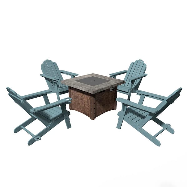 Clihome 5-Piece Outdoor Adirondack HDPE Material Plastic Teal Chair with 34.5 in. Composite Material Patio Fire Pit Table Set