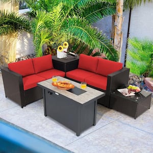 5-Piece Patio Rattan Furniture Set Fire Pit Table w/Cover Storage Red Cushion
