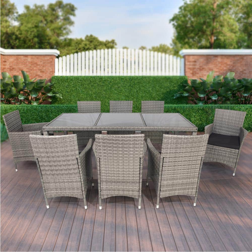 9-Piece Wicker Outdoor Dining Set with Grey Cushions