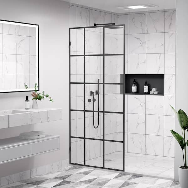 34 in. W x 78 in. H Frameless Fixed Single Panel Shower Door in Matte Black with Nano-Coated Clear Grid Glass