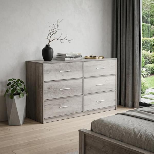 steel grey dresser HomeRoots 45 in. Gray Fabric Wood and 6-Drawer Double 2000726101 Wooden dresser