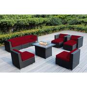 Ohana Black 10 -Piece Wicker Patio Fire Pit Seating Set with Sunbrella Jockey Red Cushions