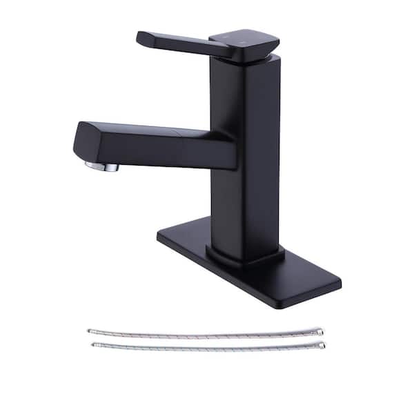 RAINLEX Pull Out Sprayer Single Handle Single Hole Bathroom Faucet with Deckplate and Supply Line Inlcuded in Matte Black