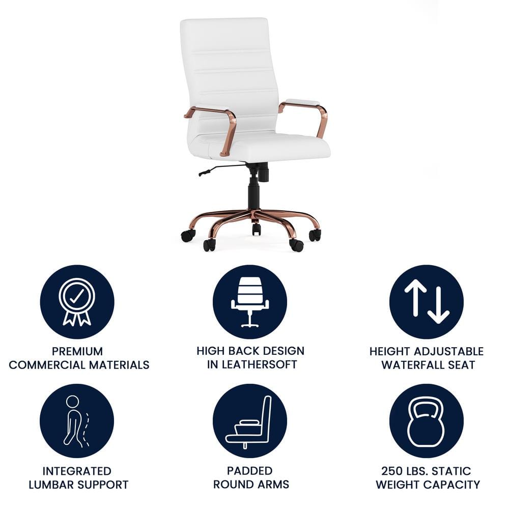 White LeatherSoft High Back Executive Swivel Chair with Rose Gold Metal Frame