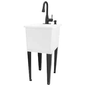 17.75 in. x 23.25 in. Thermoplastic Freestanding Space Saver Utility Sink in White - Black Faucet, Soap Dispenser