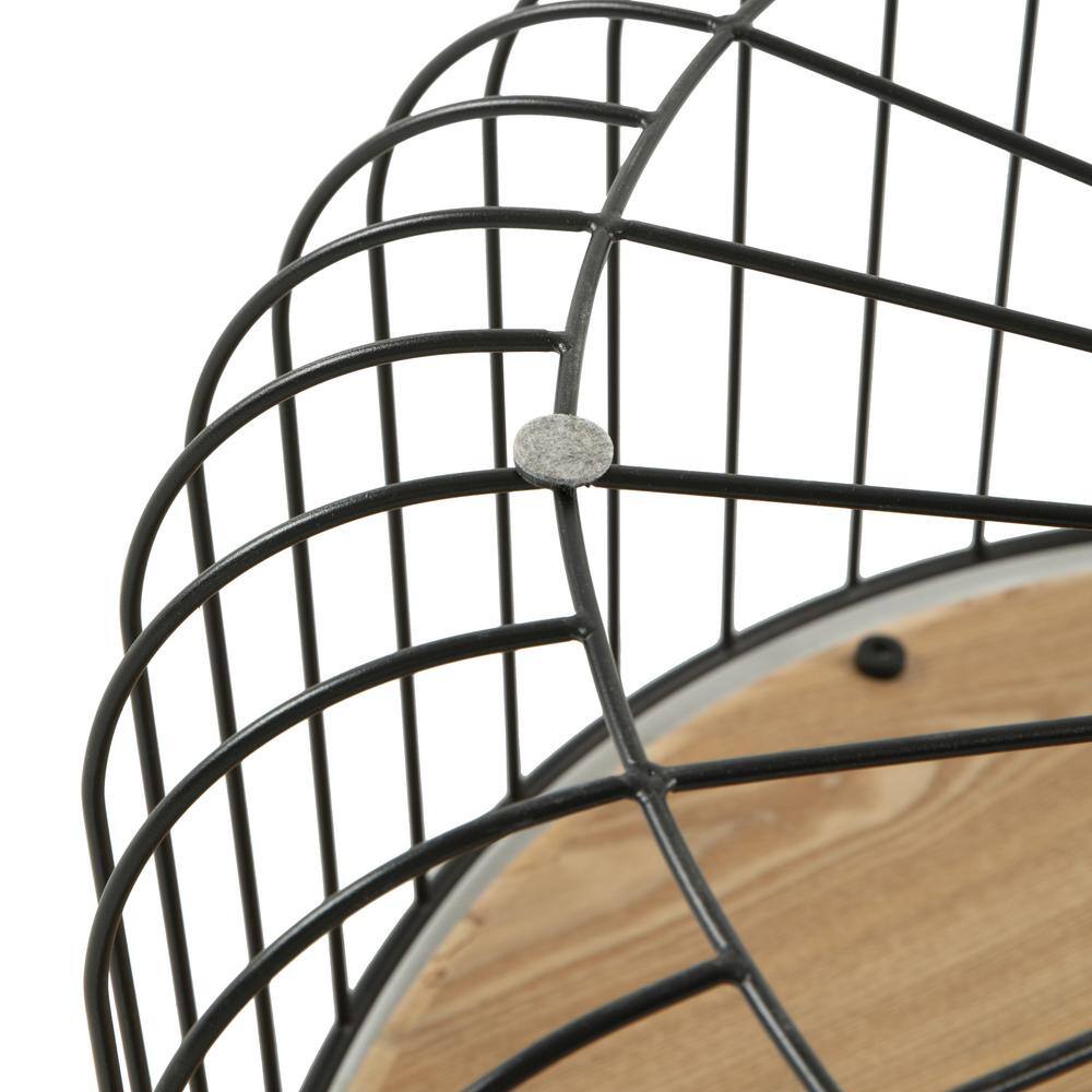 Natural Wood Round Coffee Table with Black Metal Wire Base