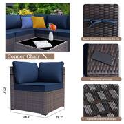 7-Piece Wicker Patio Conversation Set with 55000 BTU Gas Fire Pit Table and Glass Coffee Table and Navy Blue Cushions