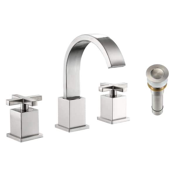PERLIRIA INC 8 in. Widespread Double Handle Bathroom Faucet, 3 Holes Bathroom Sink Faucet with Pop Up Drain in Brushed Nickel