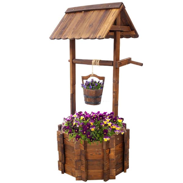 Unbranded 20 in. W x 45 in. H Wood Wishing Well Planter with Hanging Bucket Outdoor Home Decor for Patio, Garden, Yard