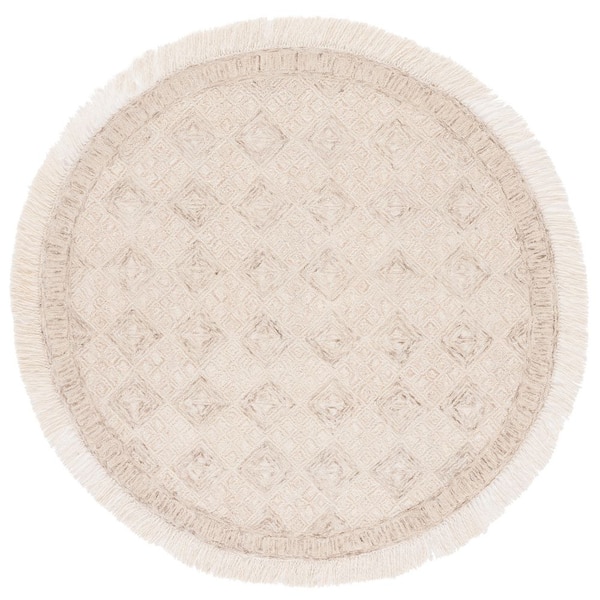 Ikat 6 ft. x 6 ft. Round Ivory/Sage Border Diamond Area Rug