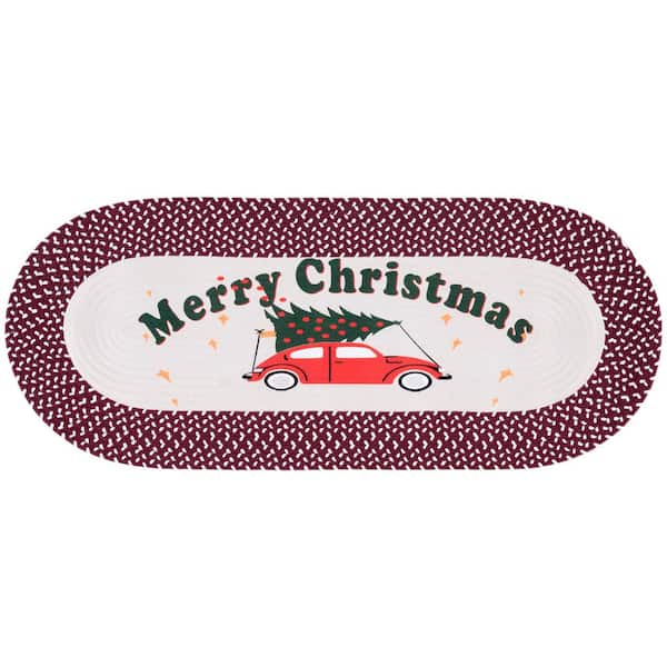 Braided Posters Ivory/Burgundy Red 2 ft. x 3 ft. Machine Washable Merry Christmas Tree Oval Area Rug