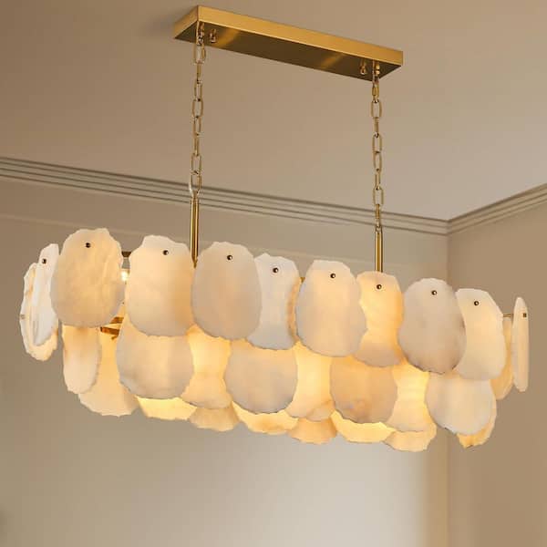 39 in. 11-Light White Alabaster Chandelier, Adjustable Modern Rectangle Chandelier for Dining Room, Kitchen Island