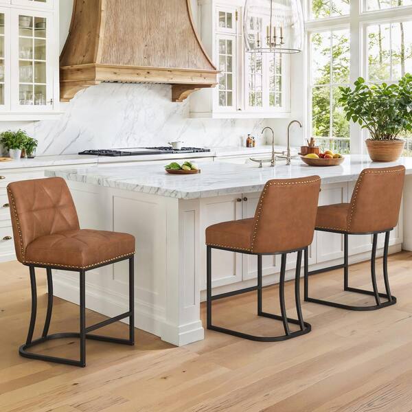 LUE BONA Brown Faux Leather Bar Stool Metal Frame Upholstered Seat Bar Chair with Backrest Rivet (Set of 3)