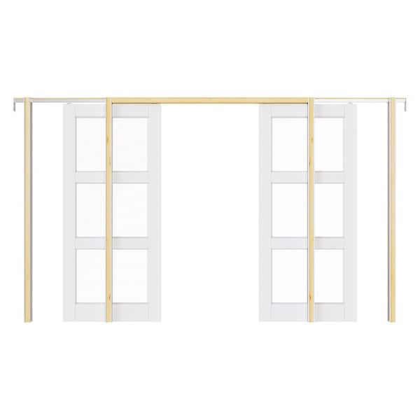 72 in. x 80 in. 3-Lite Solid Core Wood Primed White Clear Glass Double Sliding Pocket Door with Hardware and Soft Close