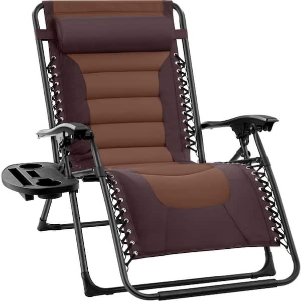 Best Choice Products Oversized Padded Zero Gravity Brown/Caramel Metal Reclining Outdoor Lawn Chair with Side Tray