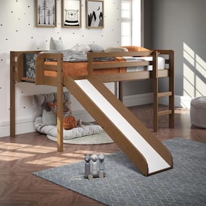 Latte Twin Wood Loft Bed with Slide, Kids Low Loft Bed with Slide, Ladder and Chalkboard