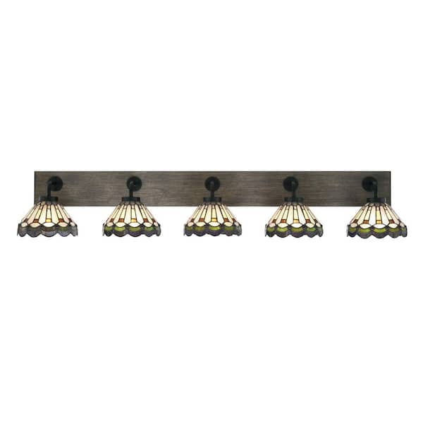 Unbranded Kirby 48 in. 5 Light Black and Painted Distressed Wood-look Vanity Light with 7 in. Art Glass Shades No Bulbs Included