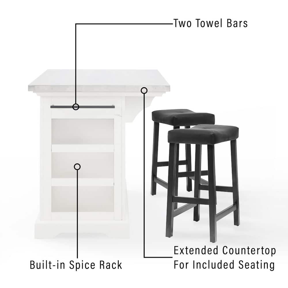 Julia White Stainless Steel Top Kitchen Island with Saddle Stools