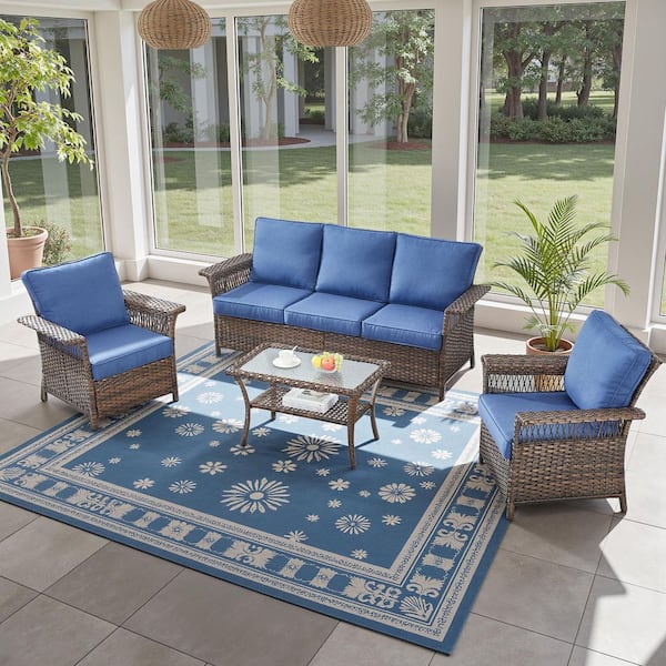 GliderNet Brown 4-Piece Wicker Patio Conversation Set with 3.5 in. Thick Navy Blue Cushions