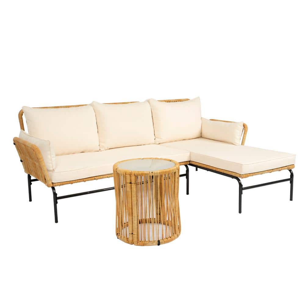 3-Piece Natural Yellow Wicker Outdoor Sectional Sofa Set with Creme Cushion
