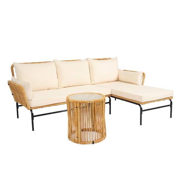 Unbranded 3-Piece Natural Yellow Wicker Outdoor Sectional Sofa Set with Creme Cushions and 1 Table