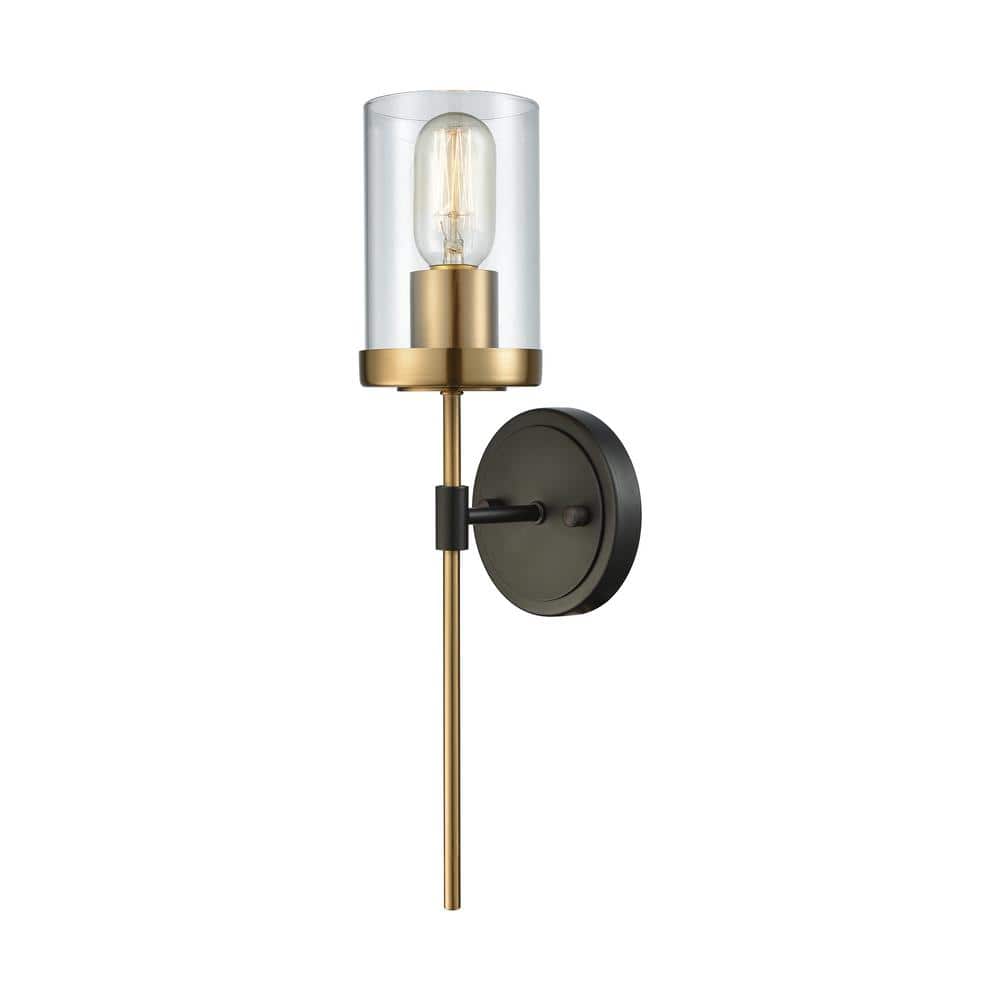 Elegantly Modern Oil-Rubbed Bronze and Satin Brass Wall Sconce with Clear Glass Shade