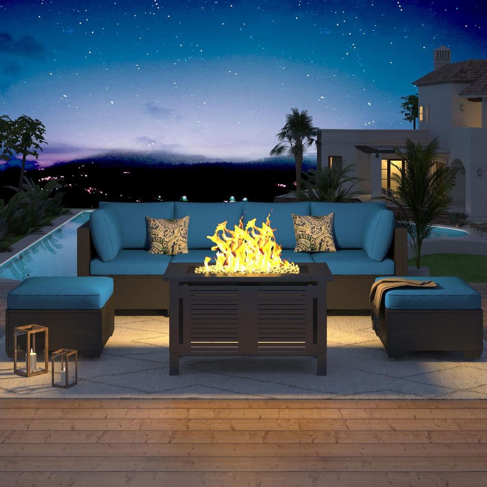"8 Piece Outdoor Patio Rattan Sofa Furniture Set w/ 43"" Fire Pit Table, Peacock Blue Cushions & Tea Table (Black Rattan)" price history on PriceWatchPro