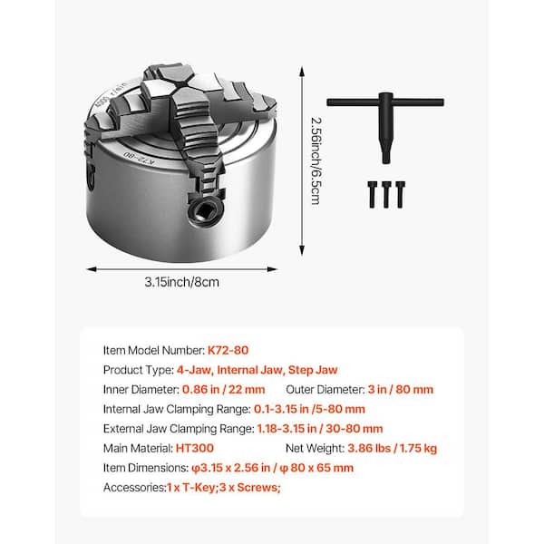 SKYSHALO 4-Jaw Lathe Chuck 3 in. (80 mm) Self-Centering