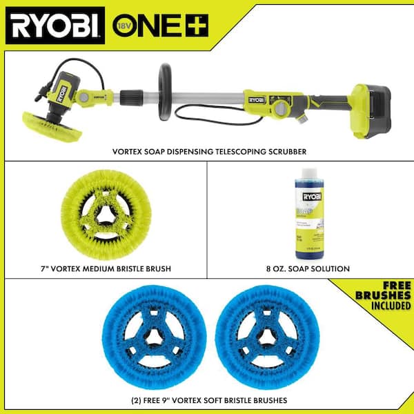 ONE+ 18V Cordless Soap Dispensing Scrubber (Tool Only) with (2) 9 in. VORTEX Soft Bristle Brushes