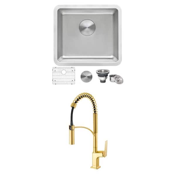 Seneca Brushed Gold Kitchen Faucet and Modena 18 in. Stainless Steel Bar Sink Combo