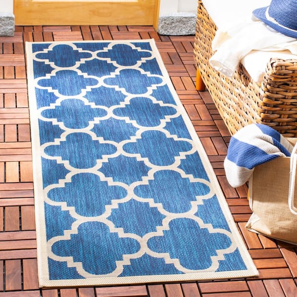 Courtyard Navy/Beige 2 ft. x 12 ft. Geometric Indoor/Outdoor Patio  Runner Rug