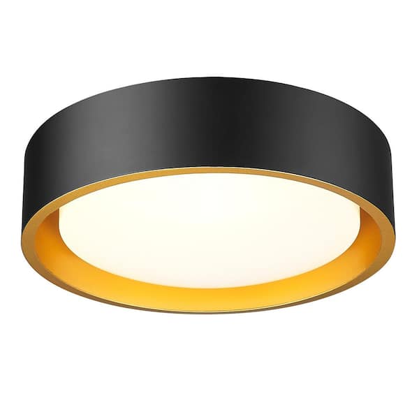 13 in. 12-Watt Modern Black Integrated LED Flush Mount with White Glass Shade