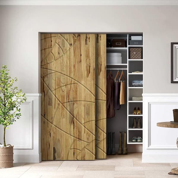 CALHOME 48 in. x 80 in. Hollow Core Walnut Stained Solid Wood Interior Double Sliding Closet Doors, Brown