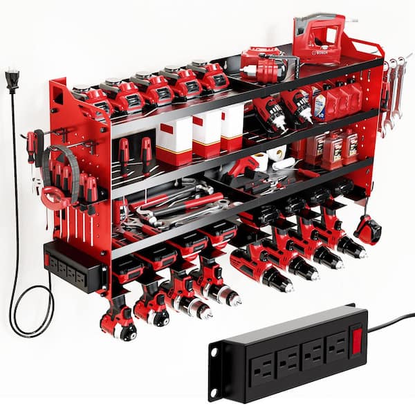 33.46 in. Red Steel 4-Tier Power Tool Organizer Wall Mount Tool Storage Rack Workbench with Side Pegboards (1-Pack)
