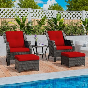 Brown 5-Piece Wicker Patio Conversation Set Outdoor Lounge Chair with Red Cushions