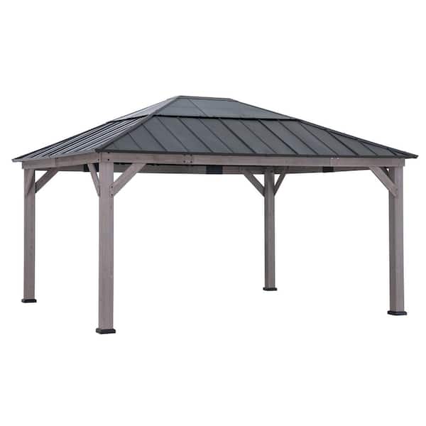 Sunjoy 13 ft. x 15 ft. Outdoor Patio Cedar Framed Wood Gazebo with Black Steel and Polycarbonate Hip Roof and Ceiling Hook