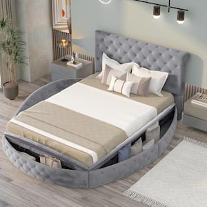 Oval Design Gray Wood Frame Queen Size Upholstery Velvet Platform Bed with Storage Space
