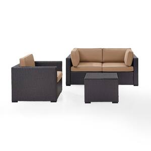 Biscayne 4-Piece Wicker Outdoor Seating Set with Mocha Cushions - 2 Corner Chairs, 1 Arm Chair, 1 Coffee Table