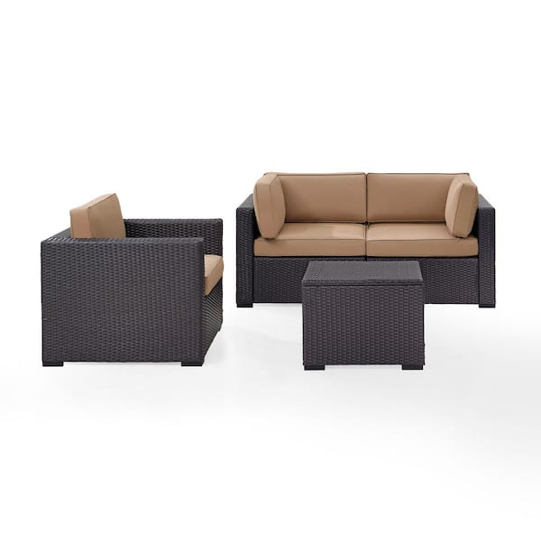CROSLEY FURNITURE Biscayne 4-Piece Wicker Outdoor Seating Set with Mocha Cushions - 2 Corner Chairs, 1 Arm Chair, 1 Coffee Table
