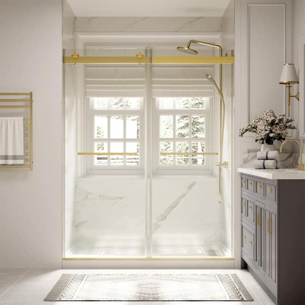 Modern 48 in. W x 74 in. H Double Sliding Frameless Shower Door in Brushed Gold Finish with 5/16 in. (8mm) Clear Glass