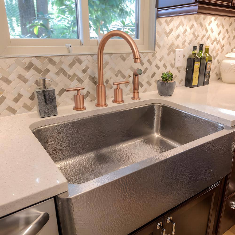 Copper Brushed Double Handle High-Arc Kitchen Faucet with Side Spray