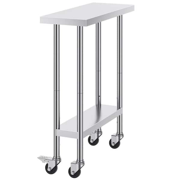 SKYSHALO Stainless Steel Work Table 30 x 12 x 38 In, Silver Kitchen Prep Table with 4 Wheels, 3 Adjustable Height Levels